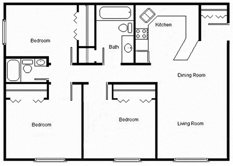 Floor plan for 3 beds, 2 baths, 1008 sqft